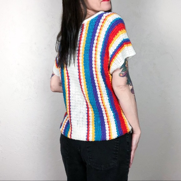 Vintage 1970s Open Knit V-Neck Striped Sweater - Picture 2 of 5